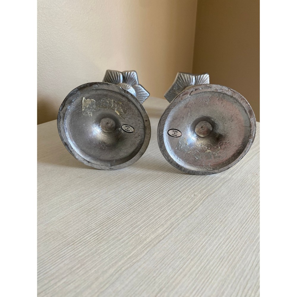 Vintage Pair of 7" Pewter Flower w/Stem Leaves Candle Holders - Picture 6 of 9